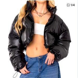 Edikted Shiny Black Faux Leather Cropped Puffer Jacket | L